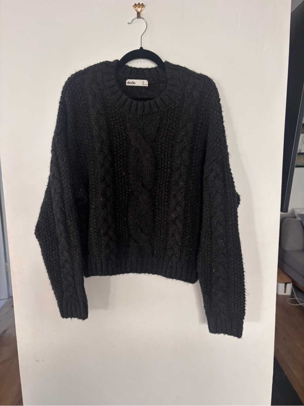 ELODIE - Charcoal Black Cable-Knit Crewneck Sweater
